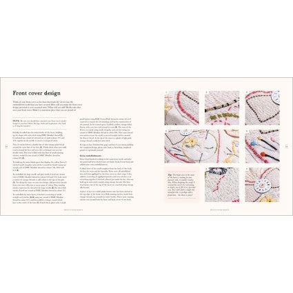 Book page with text and small images of embroidered designs on a white background