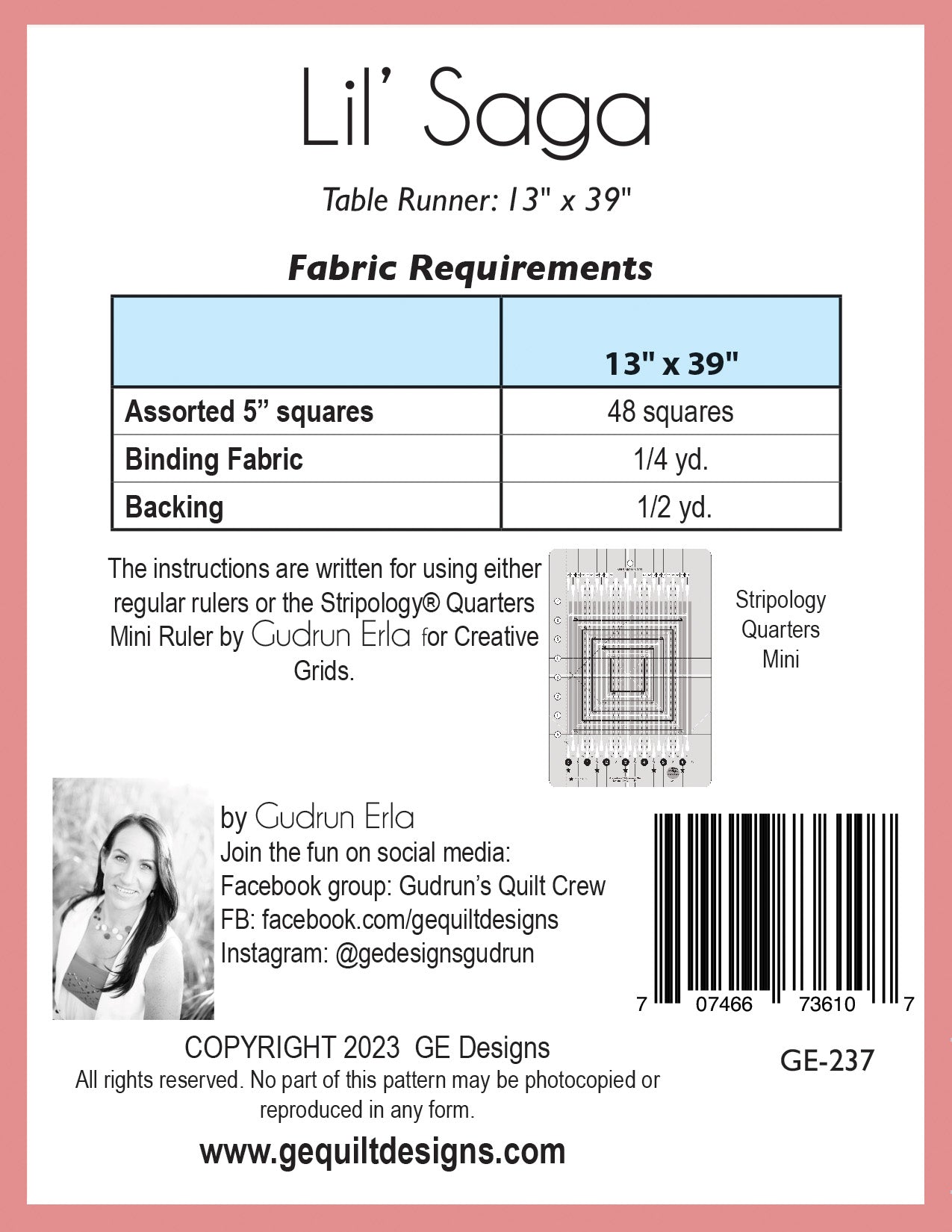 GE Designs Lil' Saga Table Runner Pattern 237 — 5" Charm Square Runner, Stripology Quarters Mini