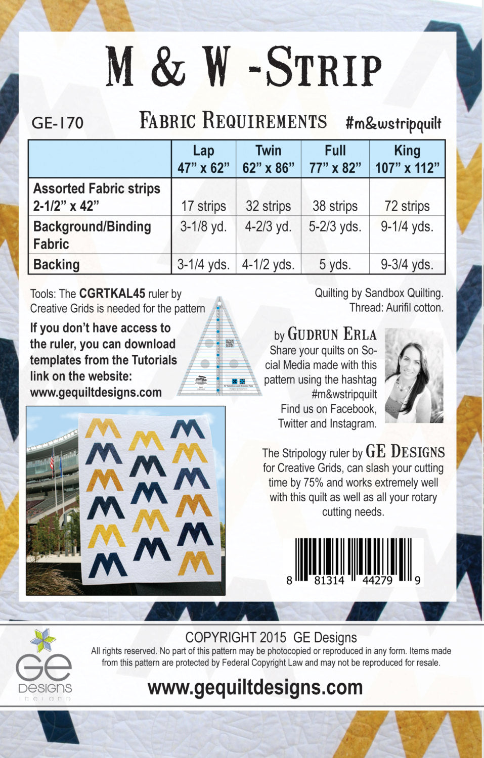 GE Designs M and W Strip Quilt Pattern — Letter M and W Jelly Roll Quilt, Stripology Ruler
