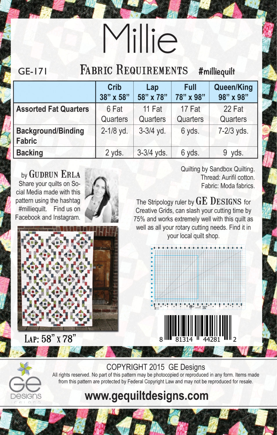 GE Designs Millie Fat Quarter Quilt Pattern 171 — Two-Block Secondary Design, Stripology Ruler