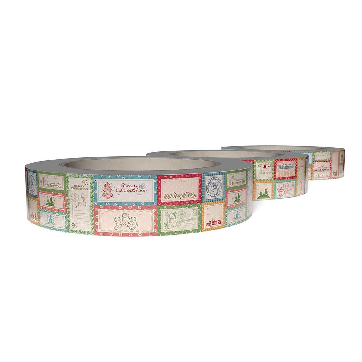 Roll of decorative tape with Christmas-themed designs on a white background
