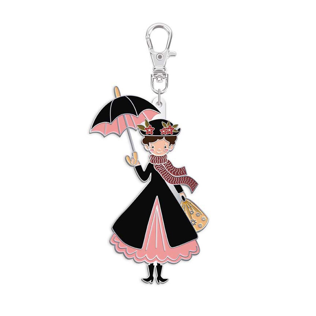 Keychain of a character in a black dress with pink accents holding an umbrella on a white background. Mary Poppins