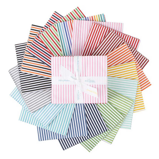 Collection of colorful striped fabric panels arranged in a circular pattern on a white background.