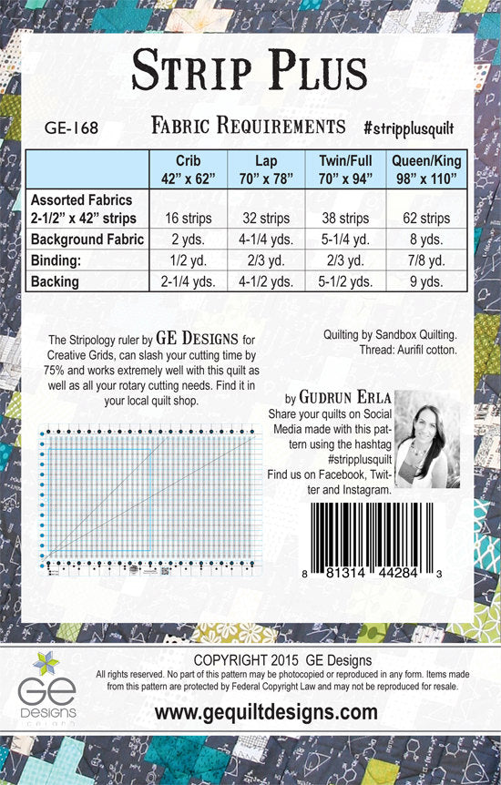 GE Designs Strip Plus Quilt Pattern 168 — Jelly Roll Strip Quilt, 4 Sizes Including Queen/King
