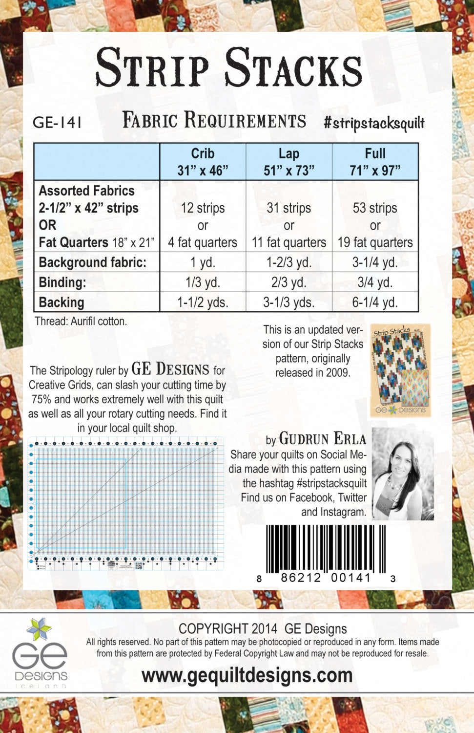 GE Designs Strip Stacks Quilt Pattern 141 — Jelly Roll Strip Quilt, 3 Sizes, Crib to Full