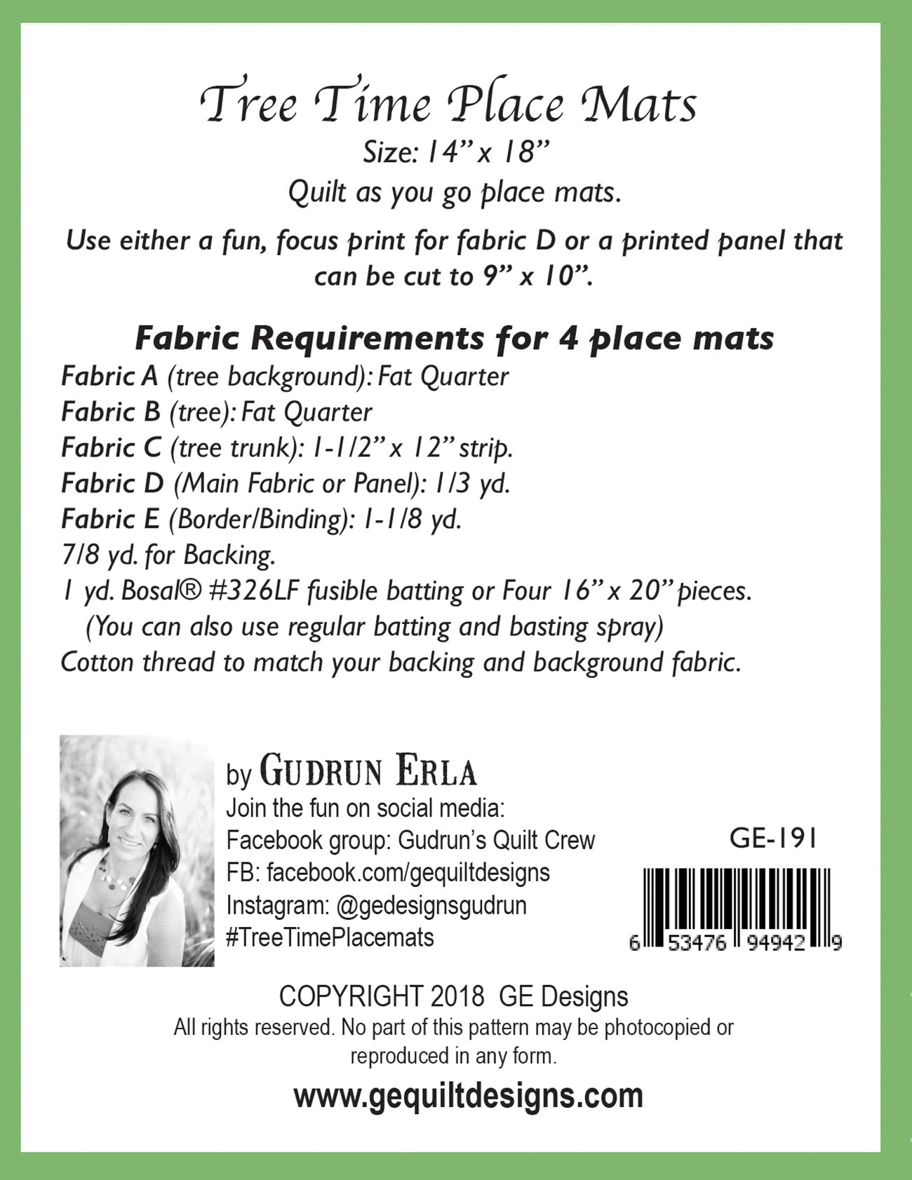 GE Designs Tree Time Place Mats Pattern 191 — Panel Fabric Quilt As You Go Place Mat Set of 4