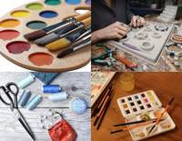 Tools and notions for Watercolor, acrylic paint, sewing, quilting and beadwork in a four quadrants