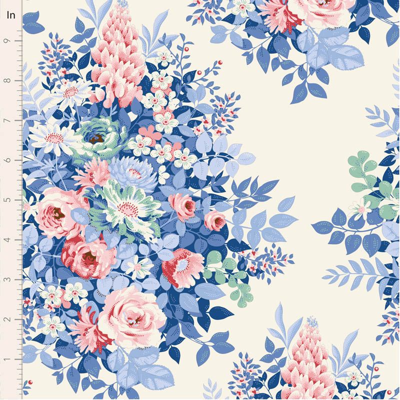 TIlda Something Blue Whimsyflower Cream Floral fabric pattern with pink and blue flowers on a white background.