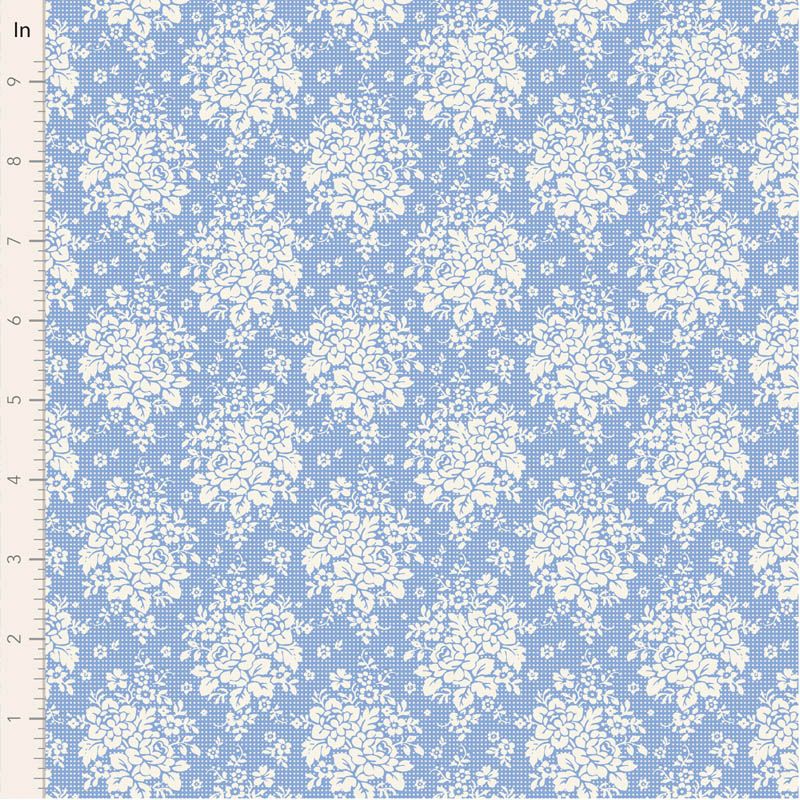 TIlda Something Blue Picnic Sky White floral pattern on a blue fabric background