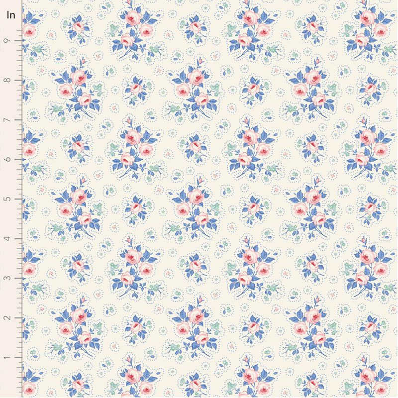 Tilda Something Blue First Kiss Cream. Floral pattern fabric with blue and pink flowers on a white background.