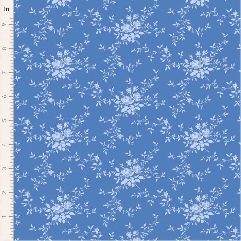 Tilda Something Blue Noel Cornflower. Floral pattern on a blue fabric swatch