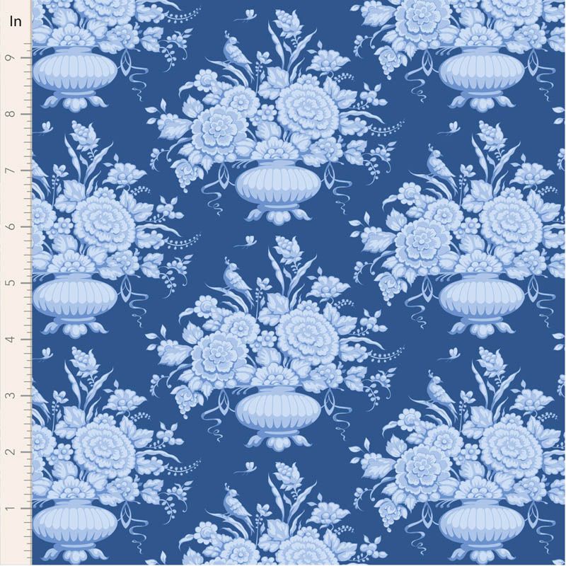 Tilda Something Blue Afina Denim. Floral pattern with urns on a blue background.