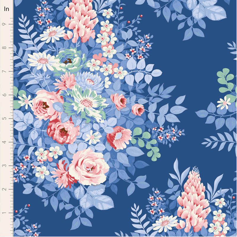 Tilda Something Blue Whimsyflower Night. Floral fabric pattern with pink and white flowers on a blue background.