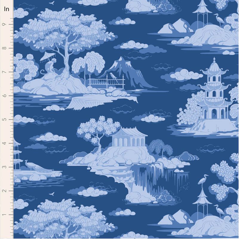 Tilda Something Blue. Fabric with blue and white landscape pattern featuring pagodas, trees, and mountains.