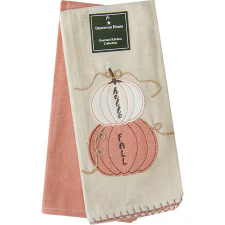 Folded towel with pumpkin design and 'hello Fall' text, featuring Dunroven House branding.