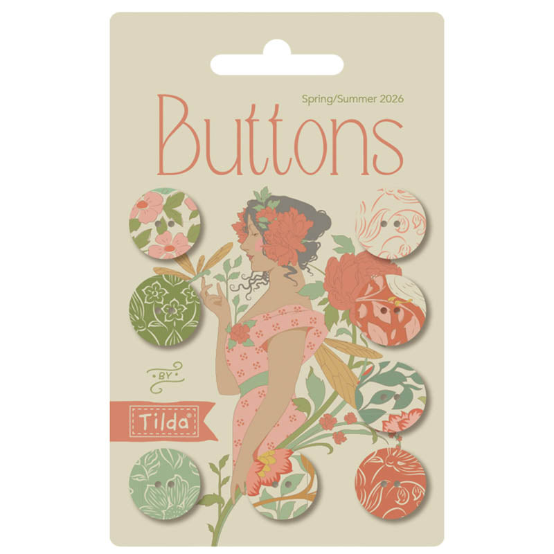Tilda Songbird Fabric Covered Buttons Coral/Green — 8 Pieces 10mm, Coordinating Sewing Notions
