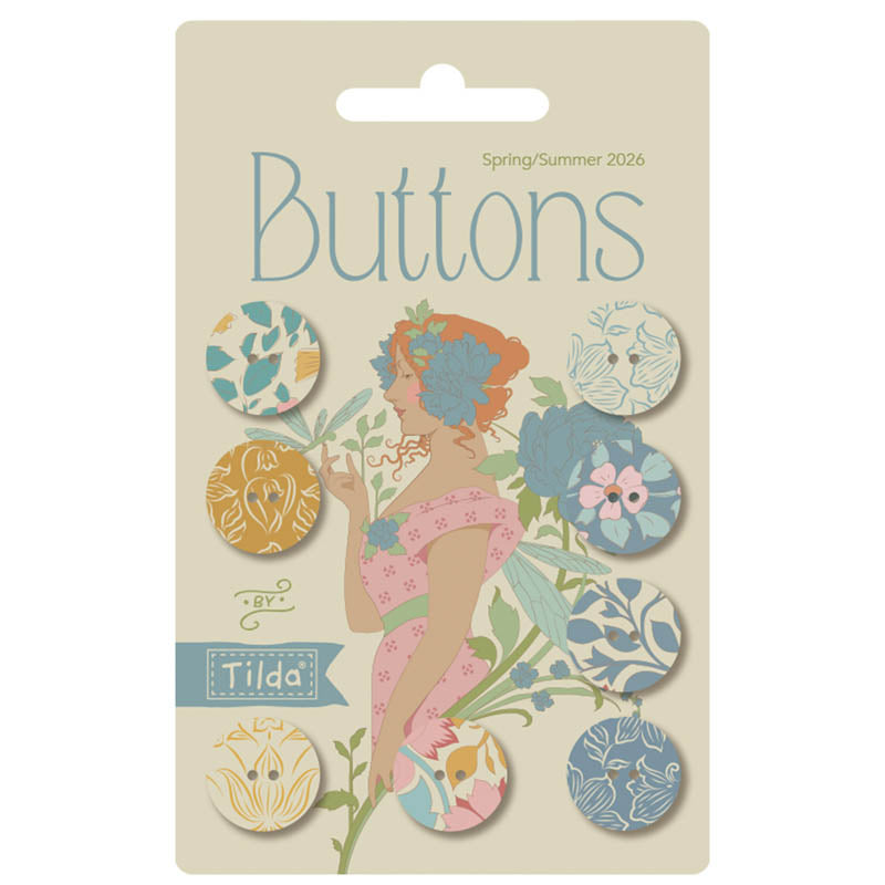 Packaging of Tilda buttons Spring/Summer 2026 design on a beige background