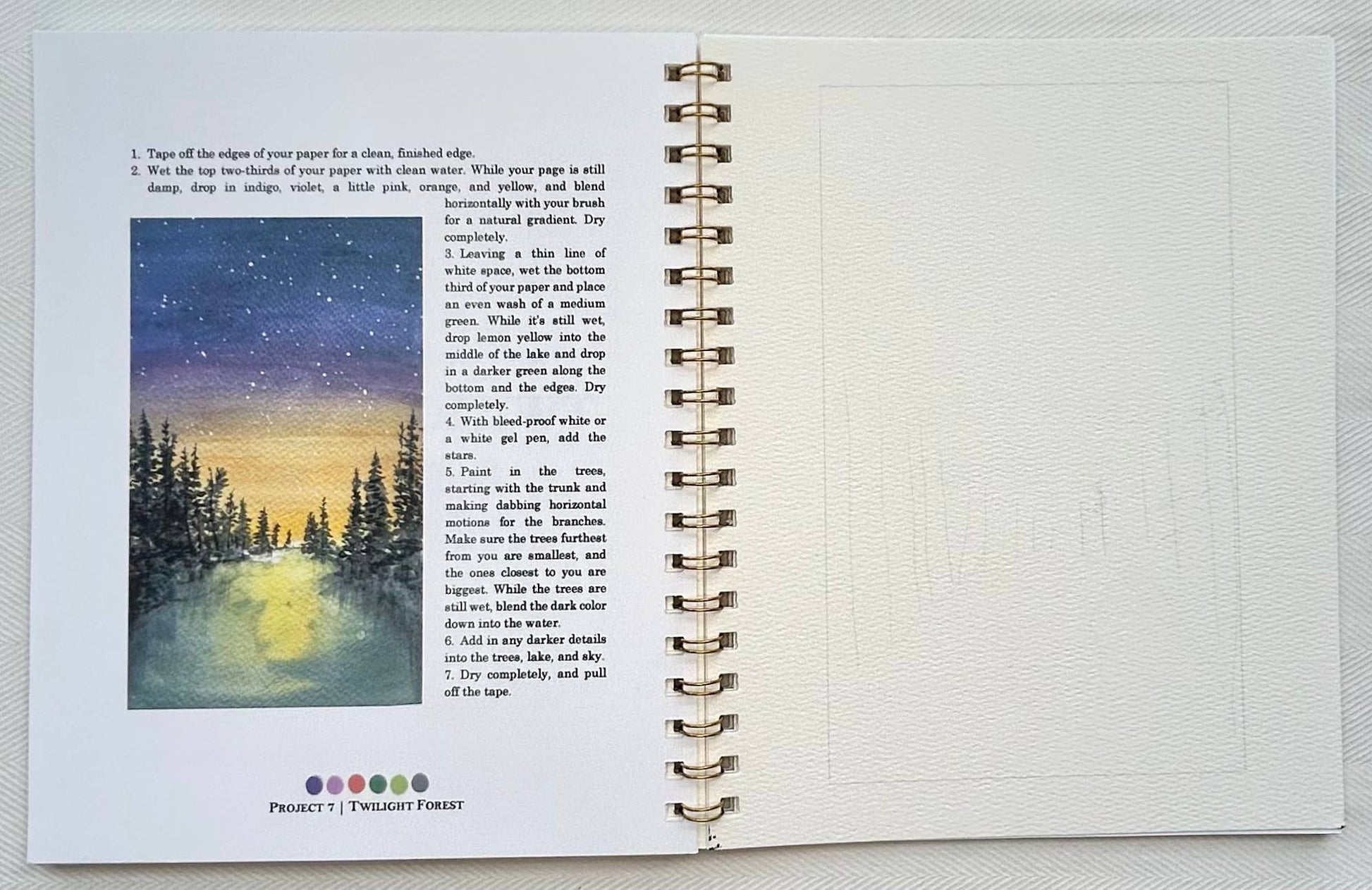 Open book with a page featuring a night scene of trees and water, accompanied by text.