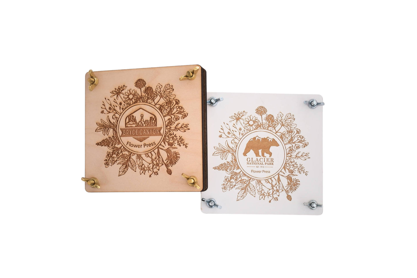 Two decorative signs with engraved designs and text on a white background