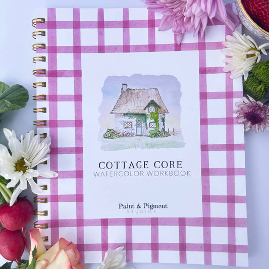 Cottage Core Watercolor Workbook with pink plaid cover and floral decorations