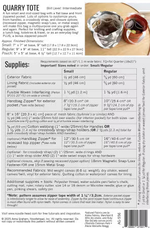 Quarry Tote sewing pattern with materials list and measurements on a white background