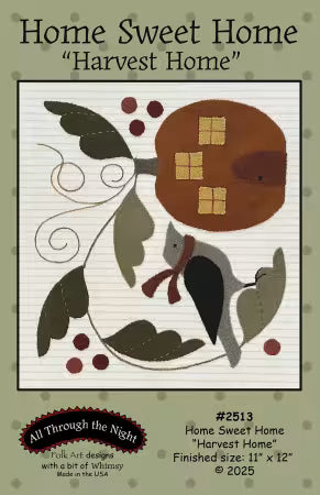 Quilt pattern design for 'Home Sweet Home Harvest Home' with a house, leaves, and berries on a checkered background.