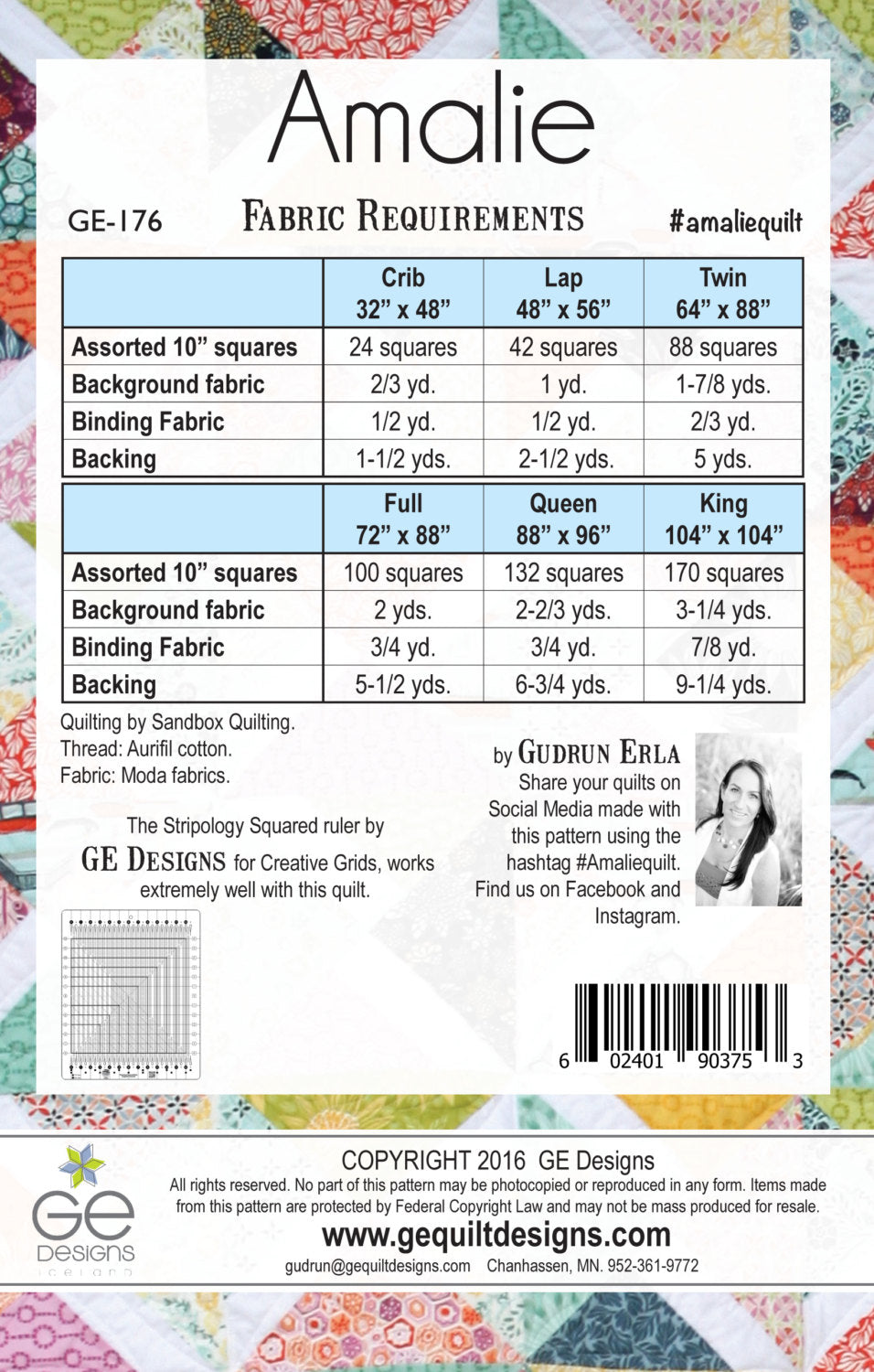 GE Designs Amalie 10" Square Quilt Pattern 176 — Disappearing Block Stacker Quilt, Stripology Squared