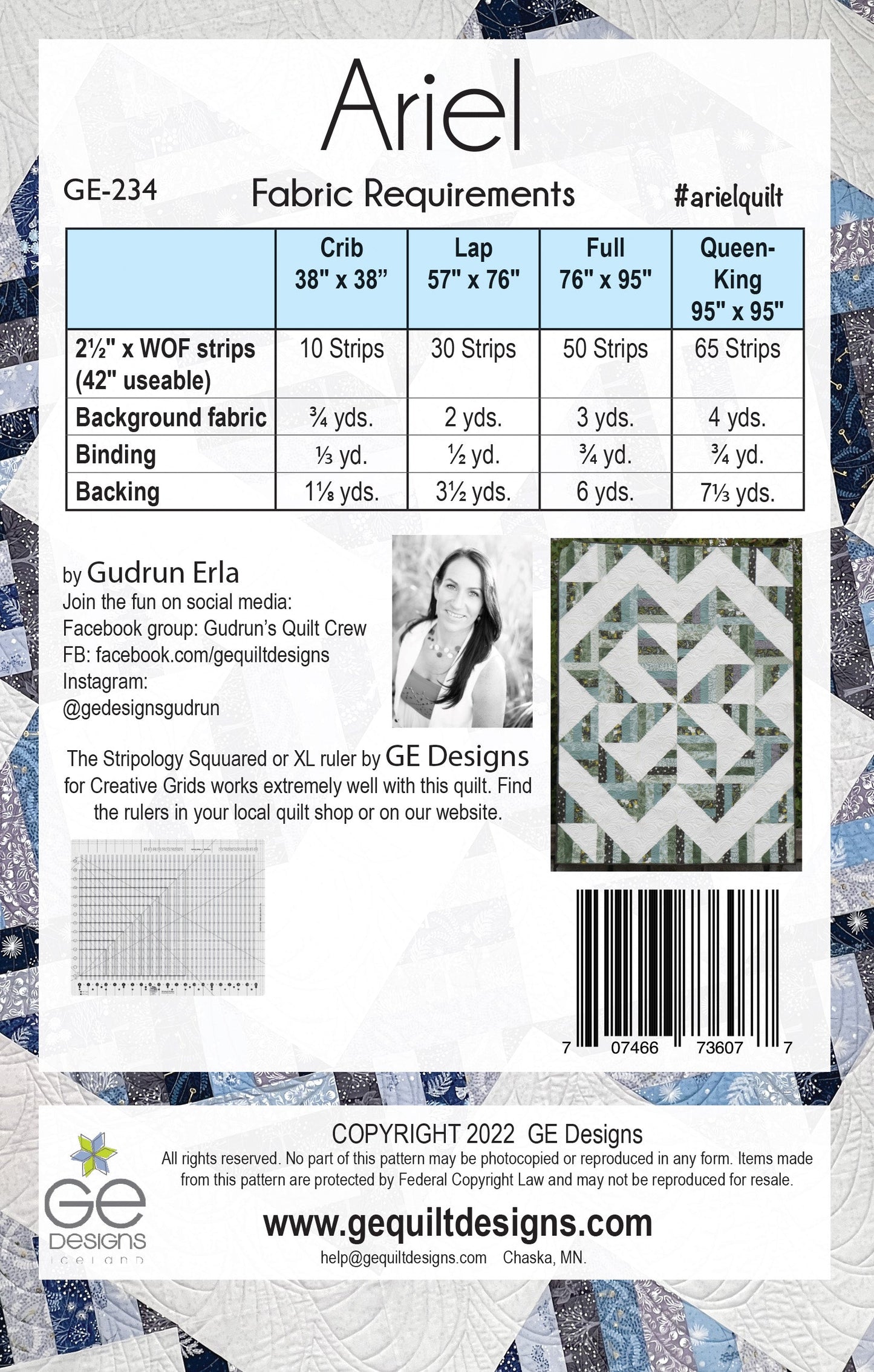 GE Designs Ariel 2.5" Strip Quilt Pattern 234 — Geometric Jelly Roll Quilt, 4 Sizes to King