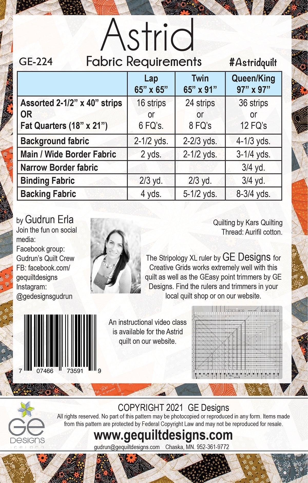 GE Designs Astrid 2.5" Strip Quilt Pattern 224 — Stripology XL Focus Fabric Quilt