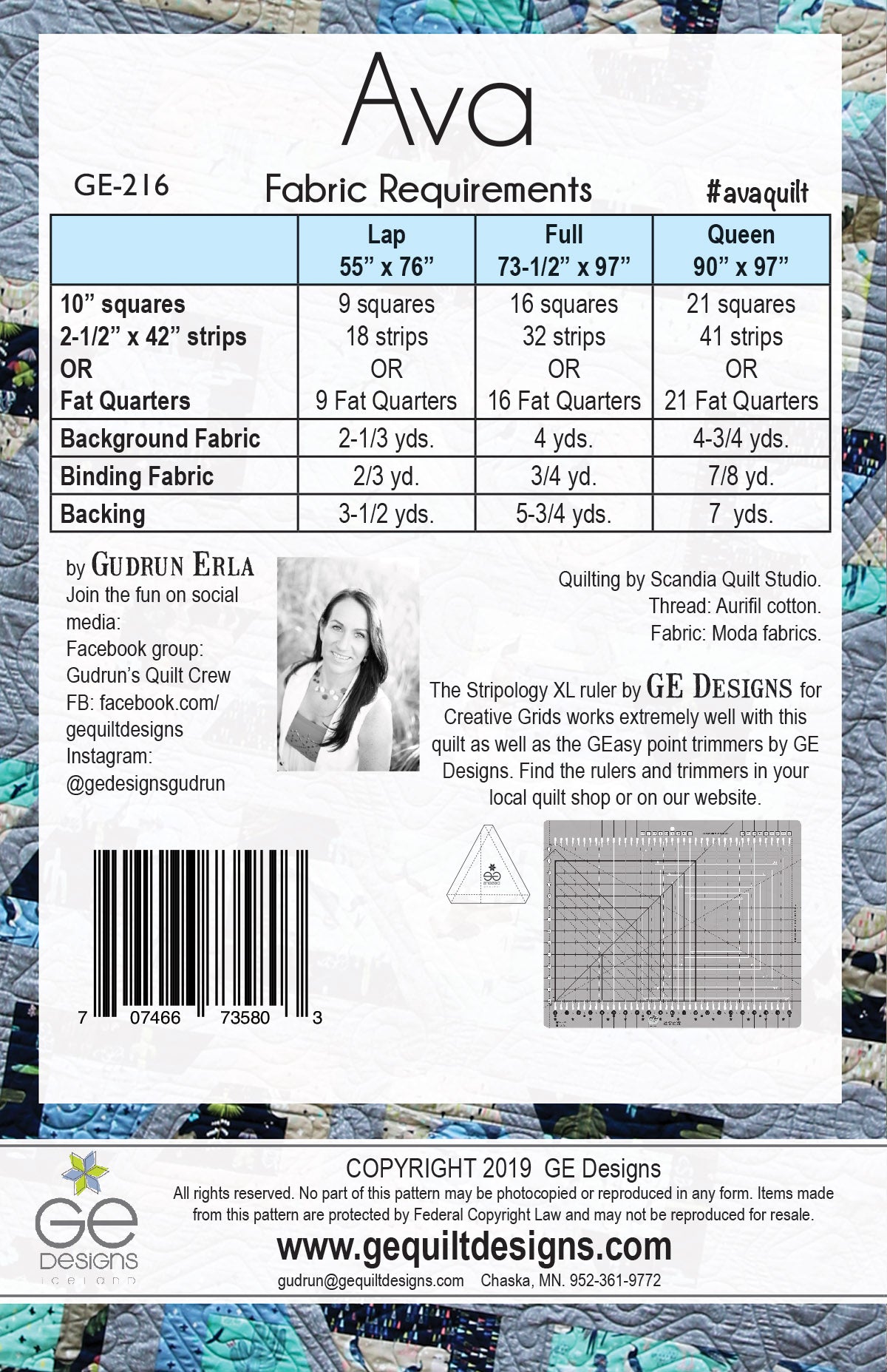 GE Designs Ava Stripology Mixer Quilt Pattern 216 — 10" Square and Strip Quilt, Stripology XL
