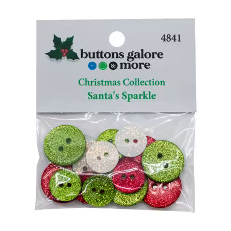 Packaged buttons with 'buttons galore & more' branding and 'Santa's Sparkle' theme.
