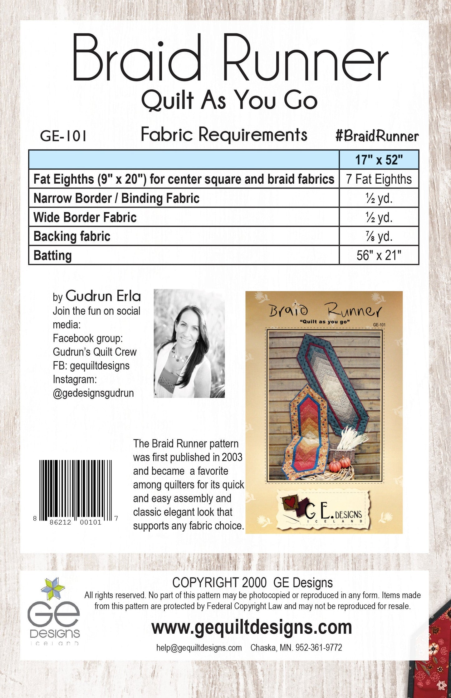 GE Designs Braid Runner Table Runner Pattern 101 — Quilt As You Go Braid Design, 17" x 52"