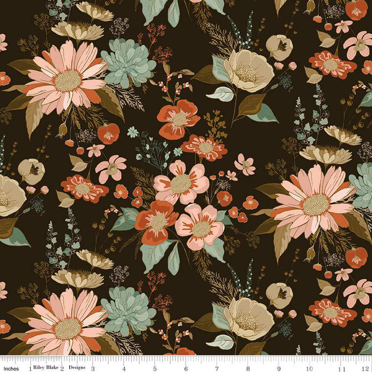 Floral pattern with pink, orange, and green flowers on a dark background.  Morning Latte Collection Espresso