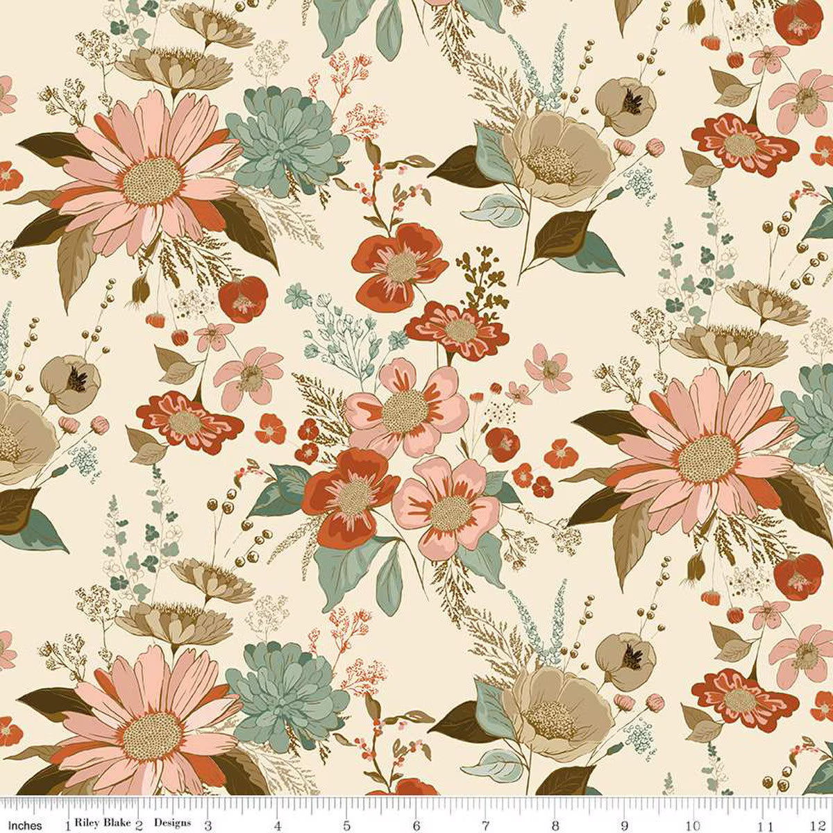 Floral pattern fabric with pink, red, and green flowers on a beige background.  Morning Latte Collection Latte
