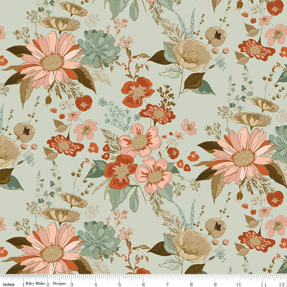 Floral pattern with pink, orange, and green flowers on a light blue background.  Morning Latte Collection Songbird.