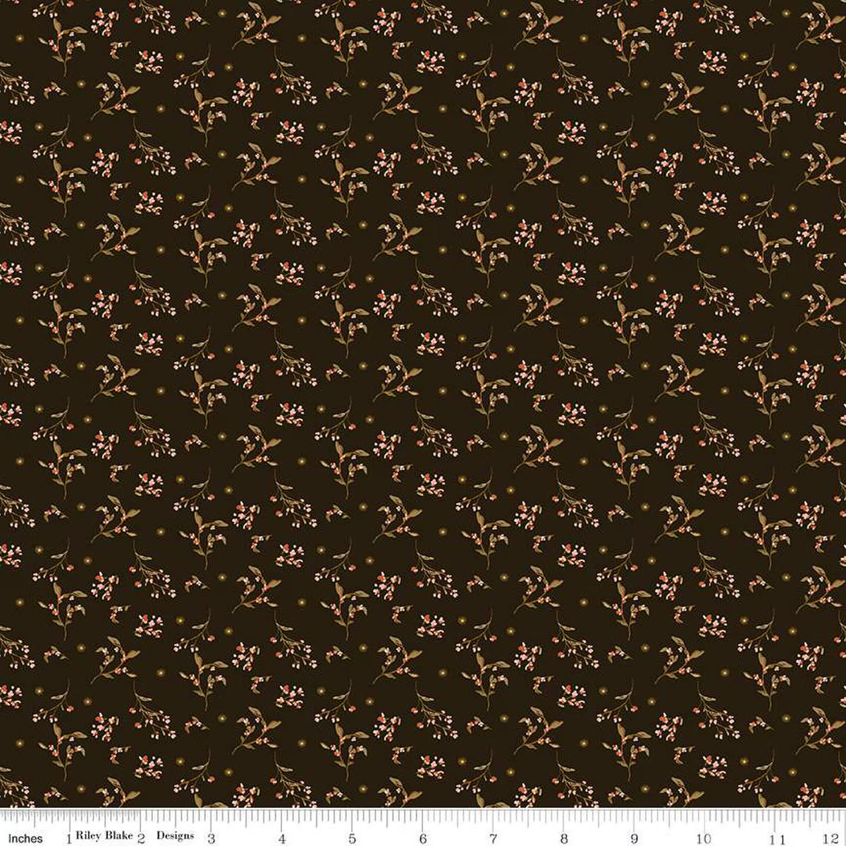 Floral patterned fabric with a ruler at the bottom for scale on a dark background.  Morning Latte Collection Espresso