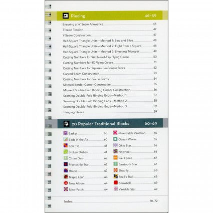 Table of contents or index page from a sewing or quilting book with chapter headings and block listings.