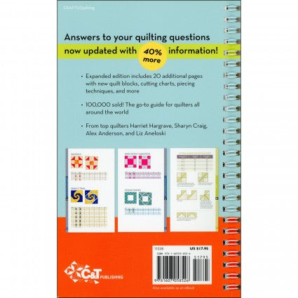 Back cover of a book with quilt patterns and text on a blue and orange background