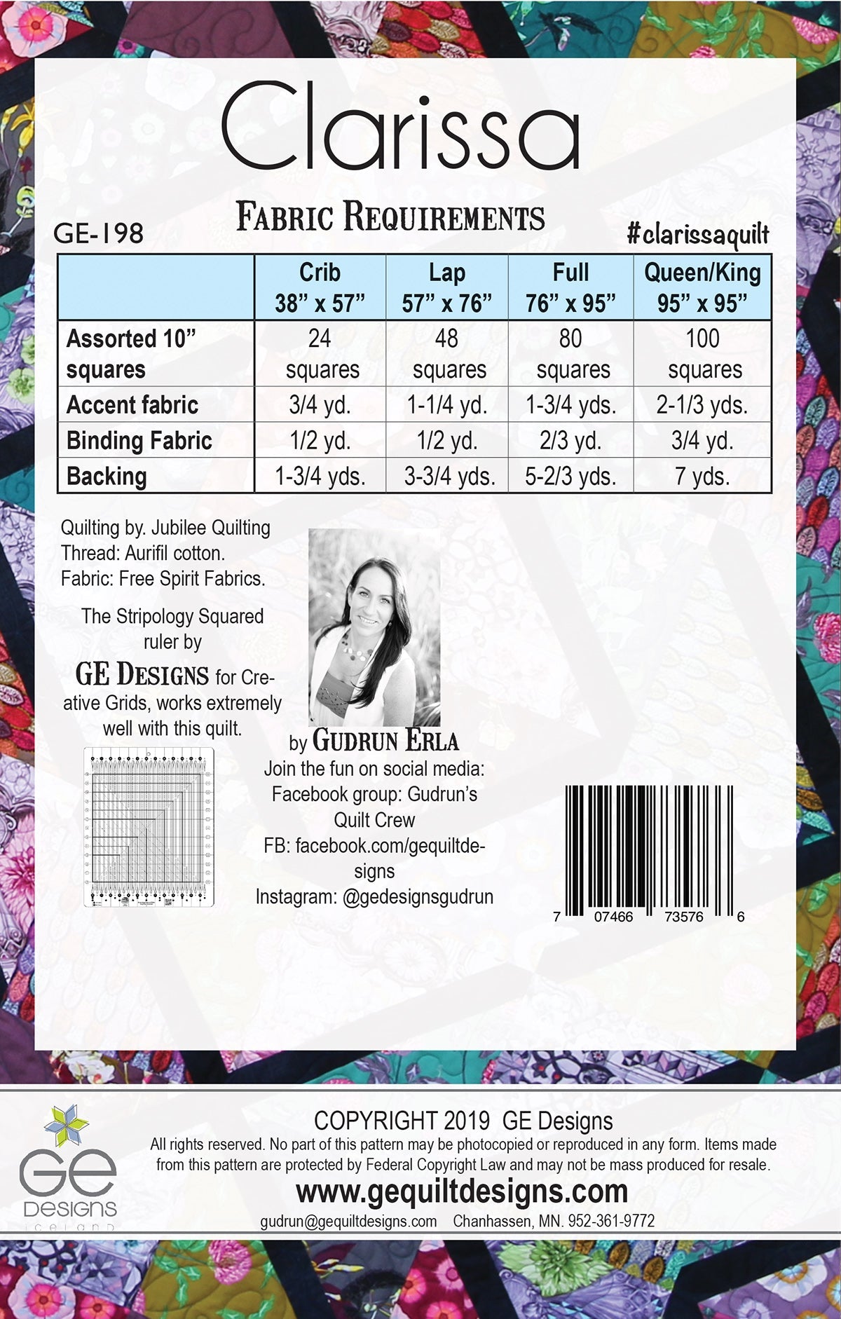 GE Designs Clarissa 10" Square Quilt Pattern 198 — Large Scale Print Feature Quilt, Stacker