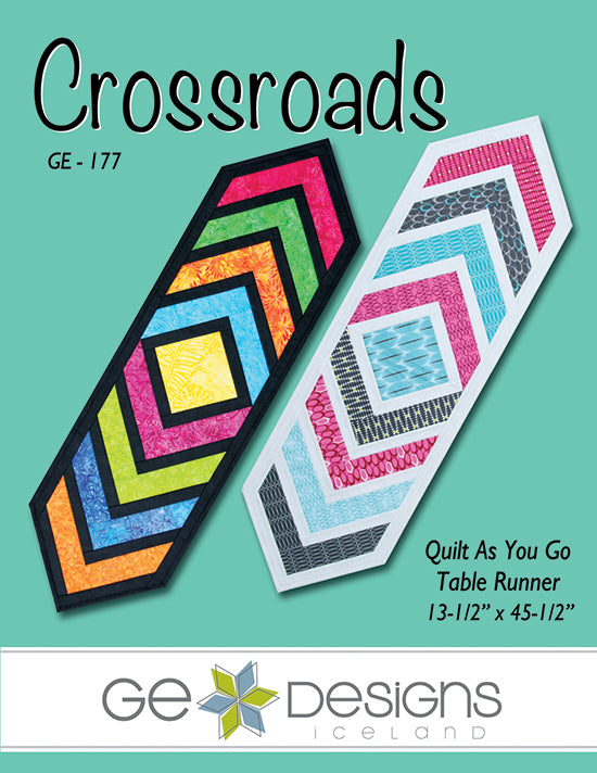 Crossroads quilt as you go table runner design with colorful patterns on a teal background, featuring GE Designs Iceland branding.