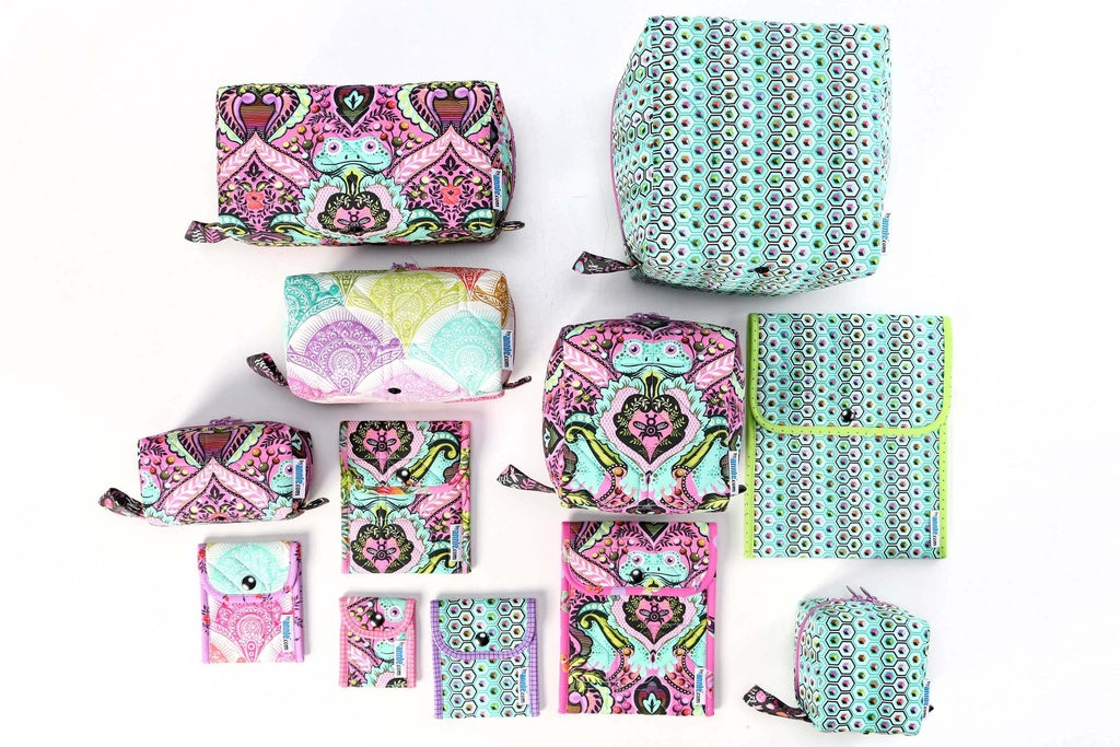 Cubicle Collective organizer sewing pattern by ByAnnie featuring multiple storage pockets for sewing, crafting, and office supplies. Prince Charming by Tula Pink