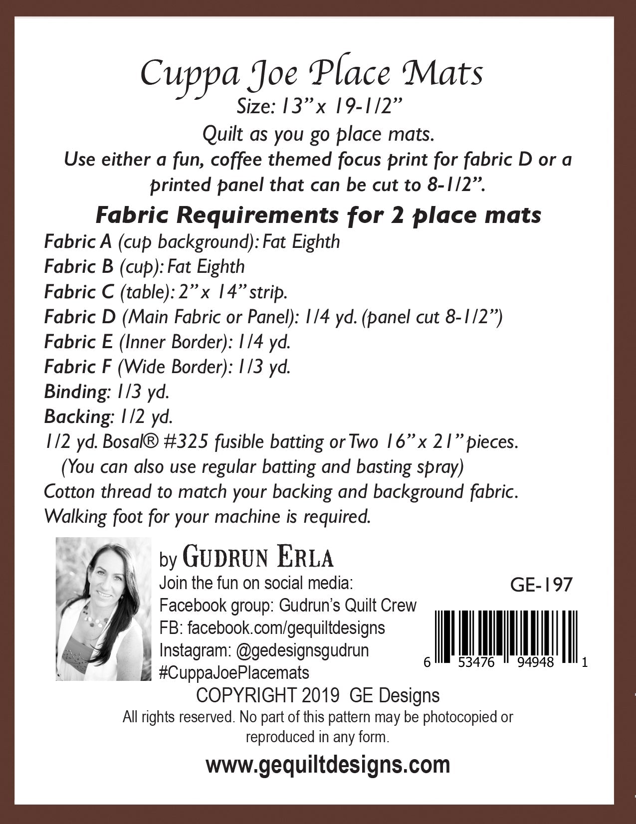 GE Designs Cuppa Joe Place Mat Pattern 197 — Quilt As You Go Place Mats, Set of 4, Beginner