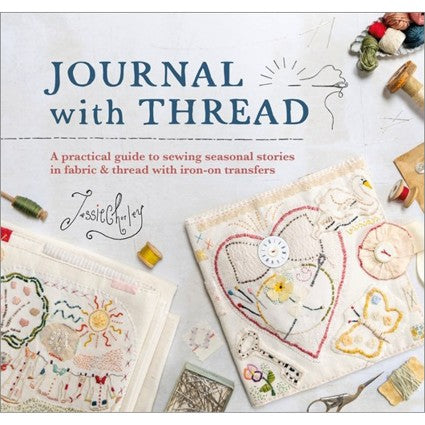 Book cover of 'Journal with Thread' featuring fabric art and sewing tools on a white background.
