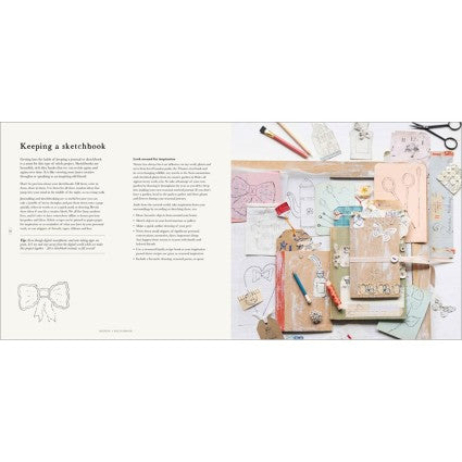 Book page with text and illustrations of a sketchbook setup.