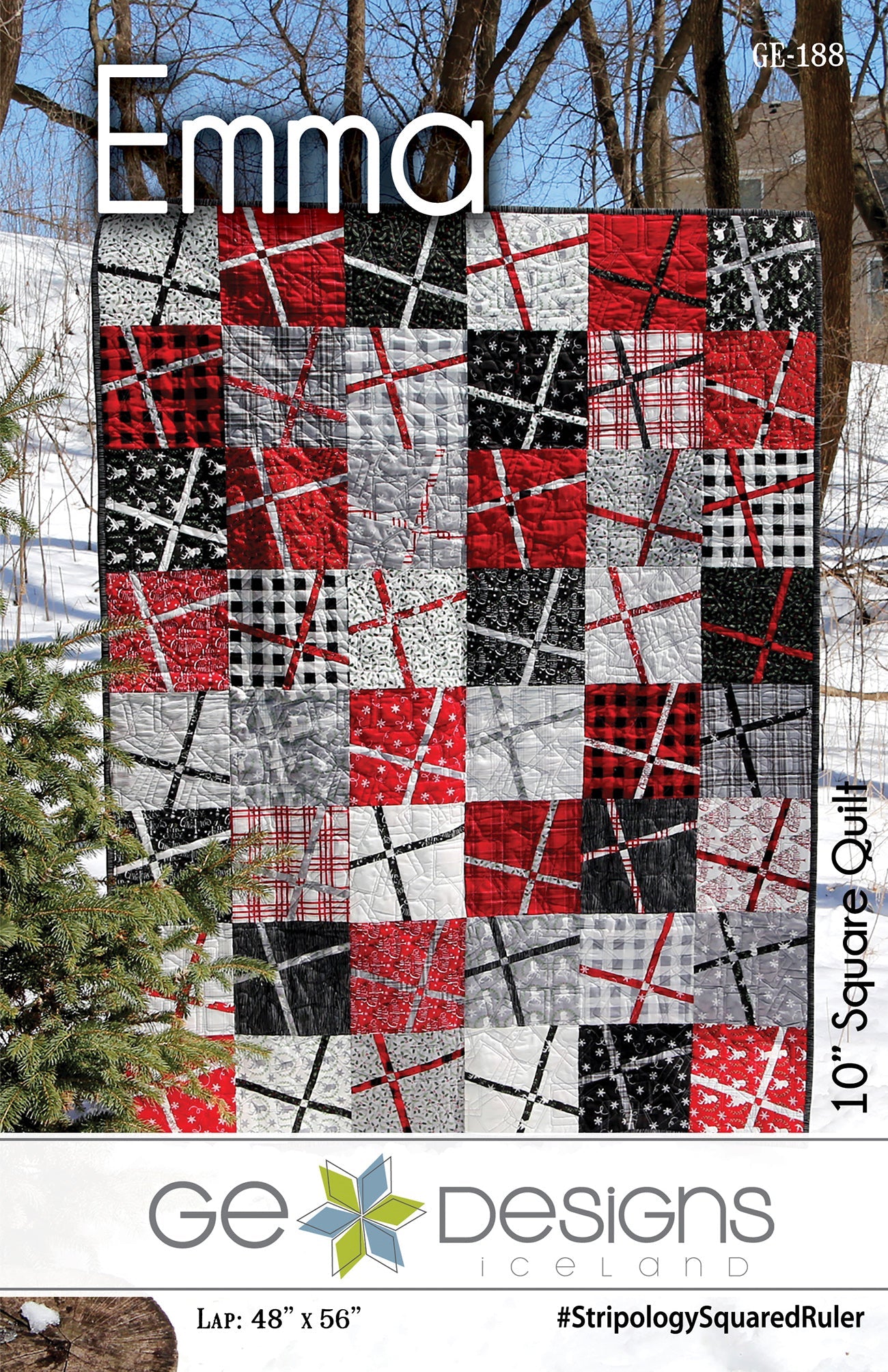 Quilt pattern cover with geometric design featuring red, black, and gray colors, labeled 'Emma' by GE Designs Iceland.