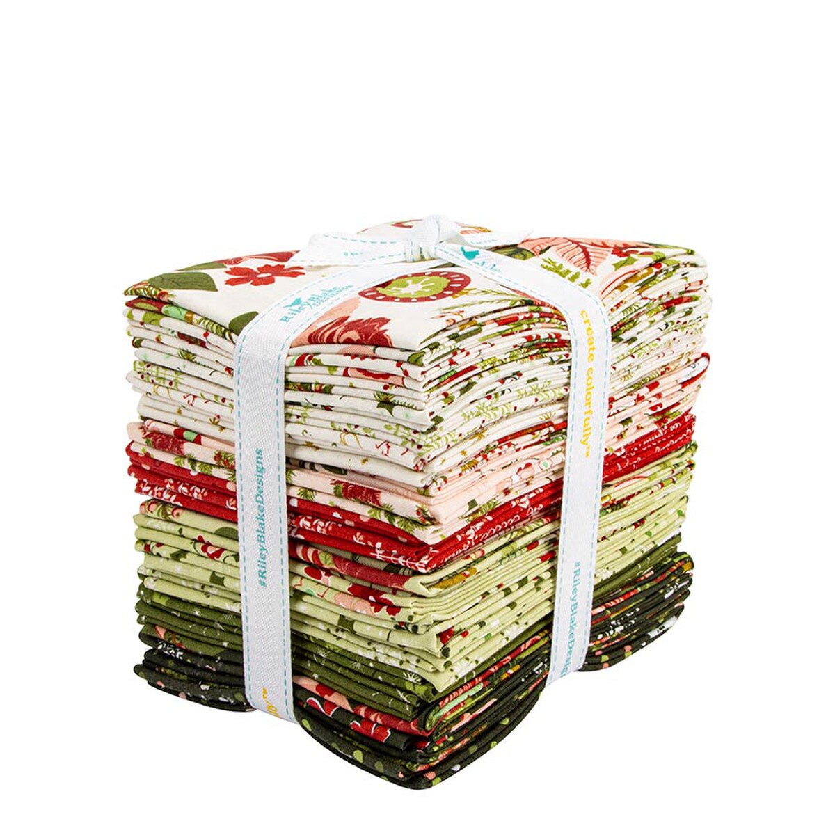 Stack of colorful fabric squares tied with white ribbon on a white background