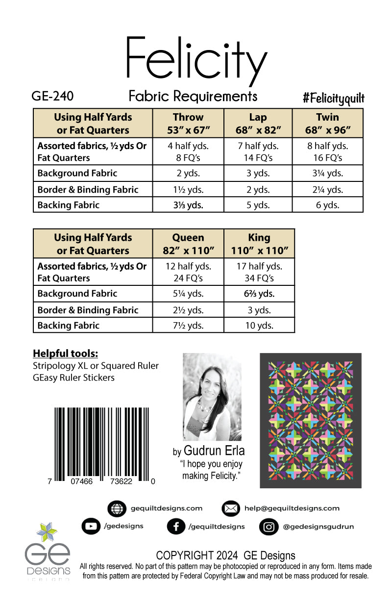 GE Designs Felicity Fat Quarter Quilt Pattern 240 — 2025 Stripology Retreat, Multiple Layouts