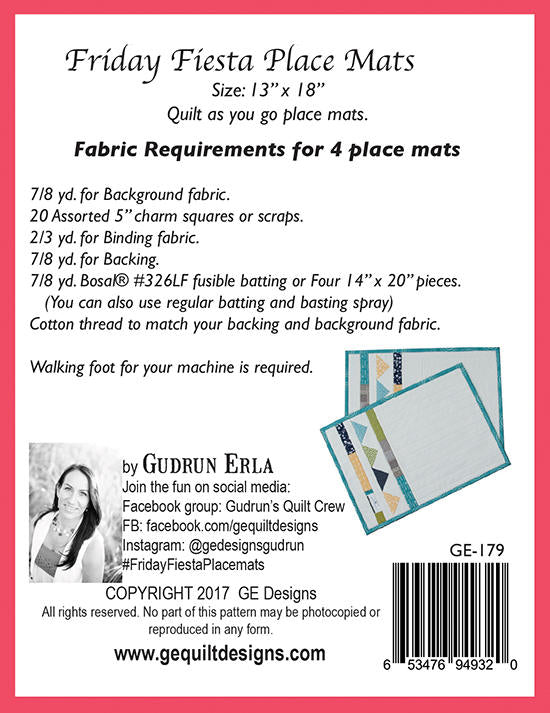 GE Designs Friday Fiesta Place Mats Pattern 179 — Set of 4, Charm Square Quilt As You Go