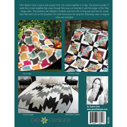 Booklet cover featuring images of quilts and a person, with text about quilt design and GE Designs branding.