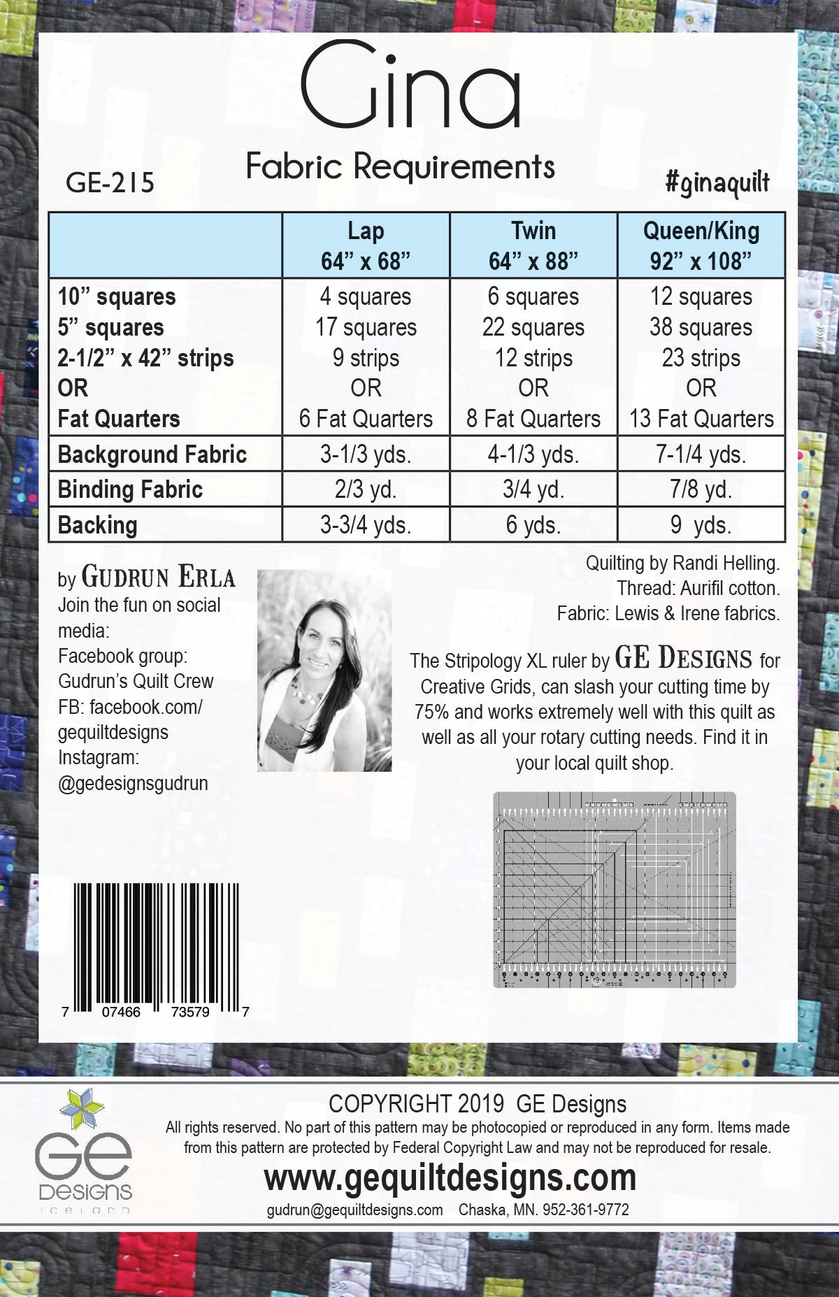 GE Designs Gina Stripology Mixer Quilt Pattern 215 — 10" Squares, Strips and Fat Quarters